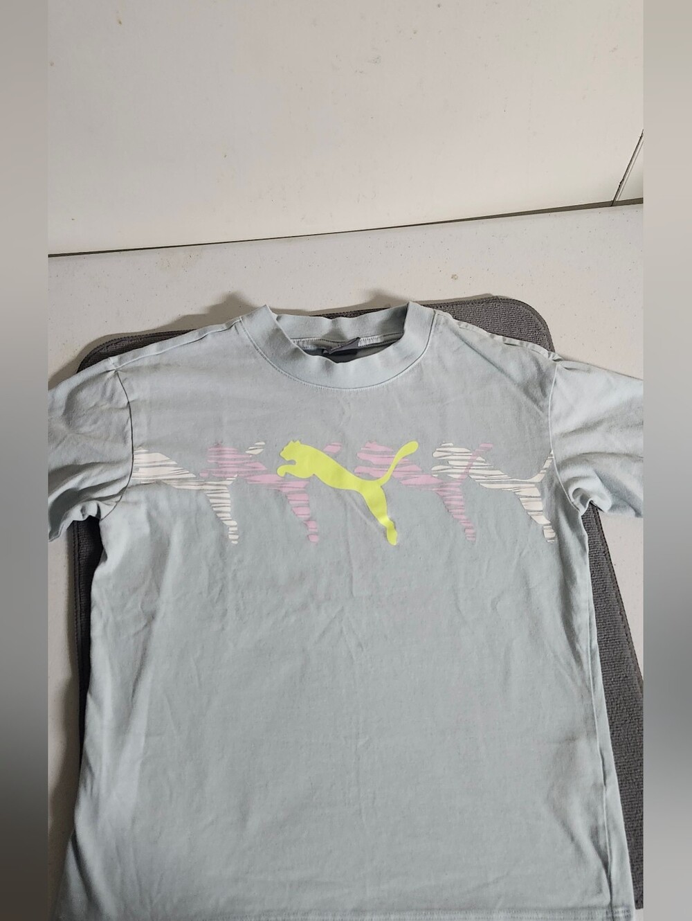 Puma Light Green Tee with Neon Yellow Cat Logo and Pink Accents